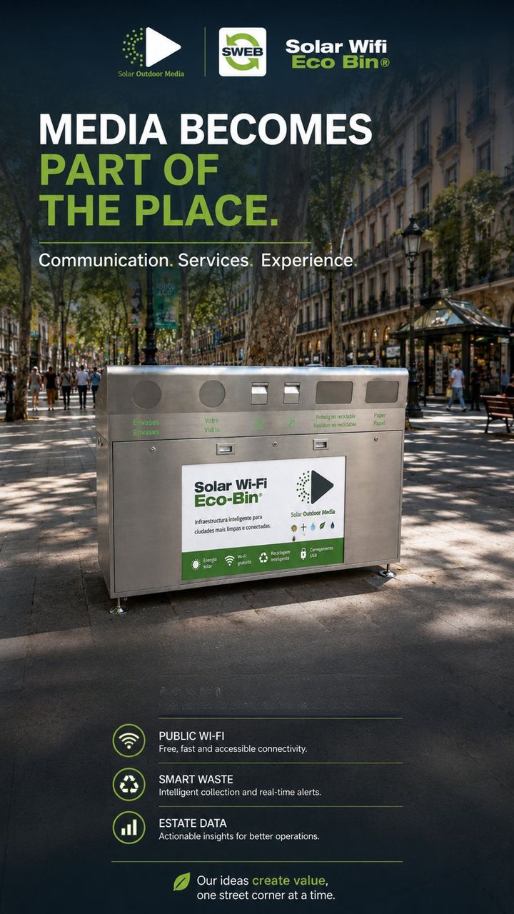 Campaign visual: Media becomes part of the place, with a Solar Wi-Fi Eco Bin on a tree-lined street