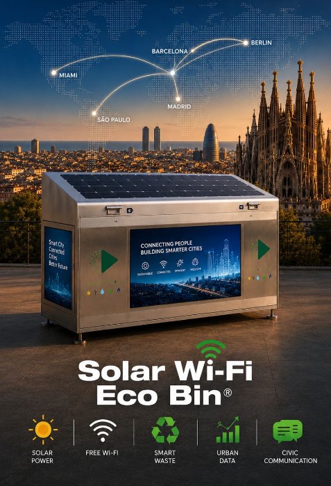 Campaign visual: Solar Wi-Fi Eco Bin over Barcelona with network links to Miami, São Paulo, Madrid and Berlin