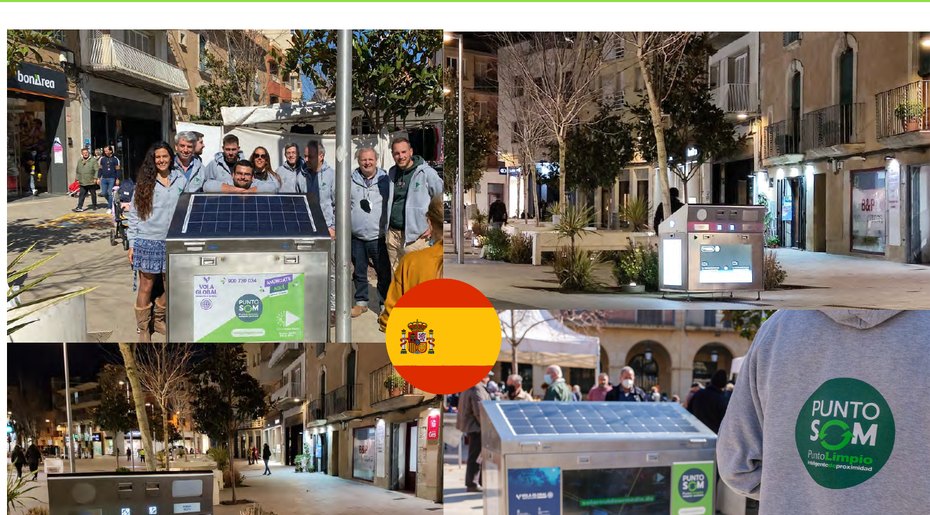 Solar Wi-Fi Eco Bin units on public streets in Mollerussa with the project team, day and night