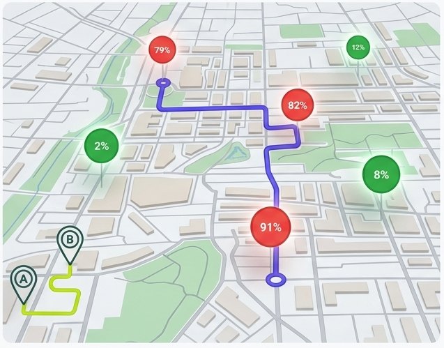 Map showing an optimized collection route between containers with different fill levels