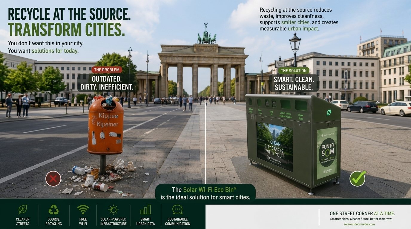 An overflowing street bin compared with a Solar Wi-Fi Eco Bin in front of the Brandenburg Gate