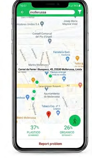 SWEB citizen app showing nearby units in Mollerussa with fill levels by waste type